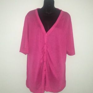 Women’s Fashion Bug Pink Button Up Short Sleeve Cardigan Sweater, Plus Size 3X